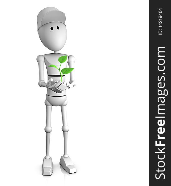 3d character holding a small plant in his hands. 3d character holding a small plant in his hands