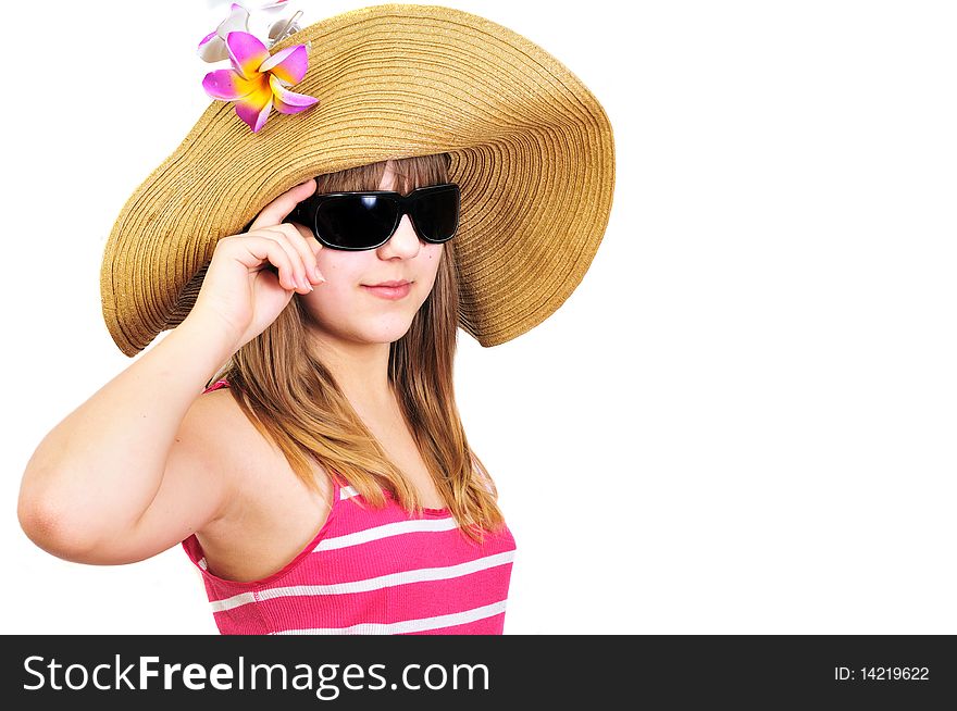 Teen girl wearing straw hat and sunglasses. Teen girl wearing straw hat and sunglasses