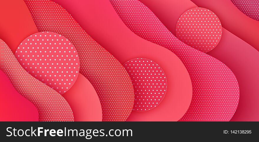 Abstract paper background with round shapes, polka dot waves in the color of the living coral.