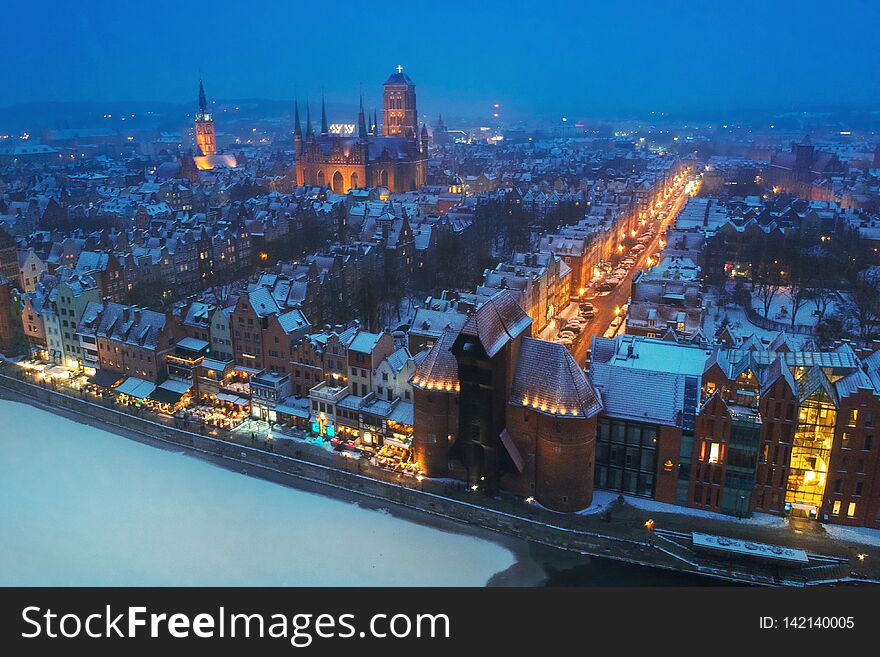 Aerial view of Gdansk at dusk in winter scenery, Poland