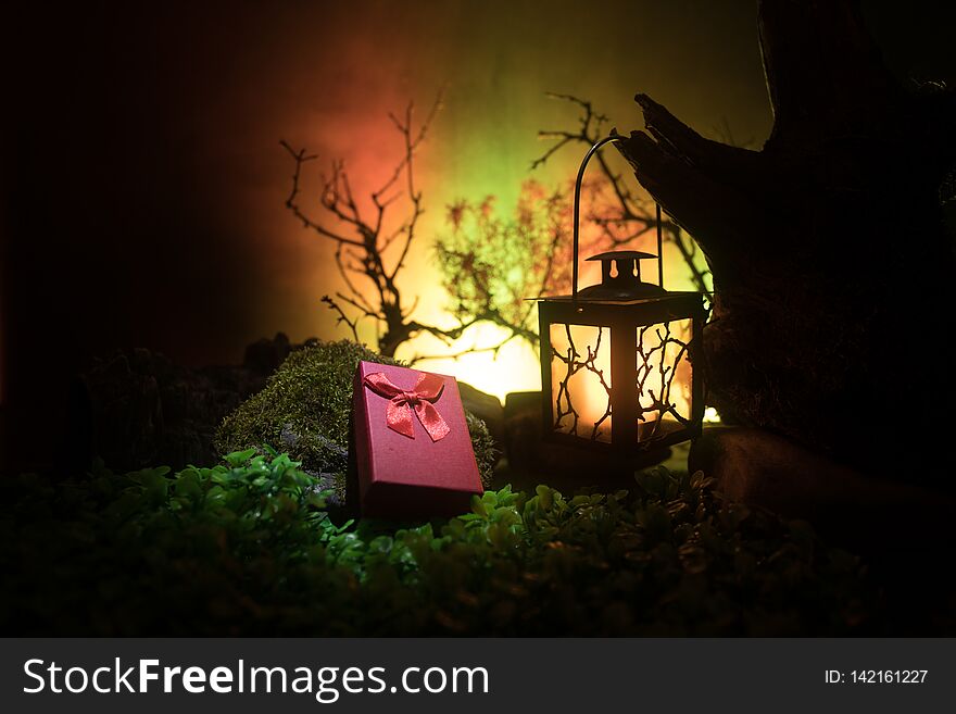 Valentine`s Day love concept. Beautiful artwork decoration with little giftbox and old vintage lantern at night. Giftbox in decorated fake forest with stones at night. Empty space selective focus. Valentine`s Day love concept. Beautiful artwork decoration with little giftbox and old vintage lantern at night. Giftbox in decorated fake forest with stones at night. Empty space selective focus