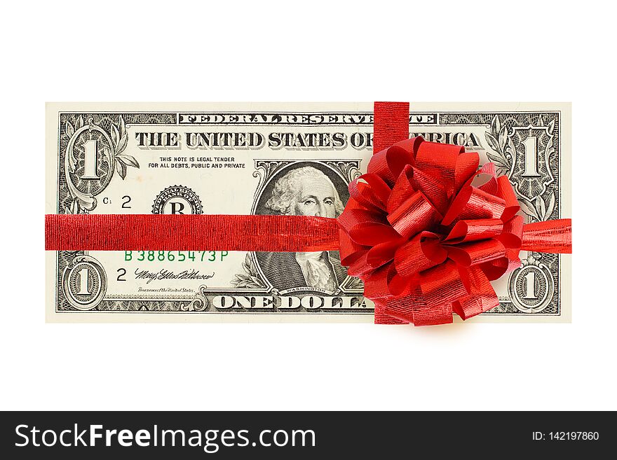 1 dollar cash money with red ribbon isolated on white background. One US Dollar bill