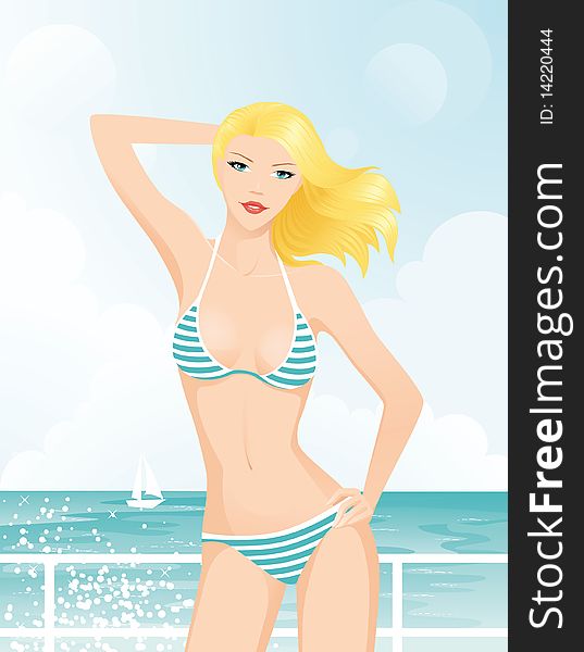 Beautiful blonde in blue/white stripe bikini posing on the yacht. Beautiful blonde in blue/white stripe bikini posing on the yacht