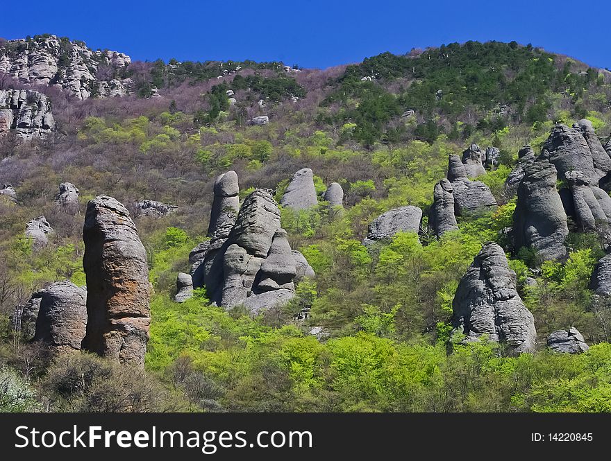 The rocks in the Valley of Ghosts in Crimea, Ukraine. The rocks in the Valley of Ghosts in Crimea, Ukraine