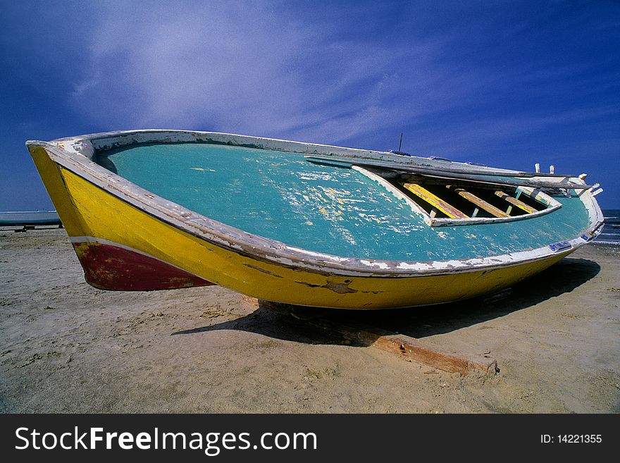 An Egyptian fishing boat at rest on the ocean front at Port Said on the Mediterannean coast