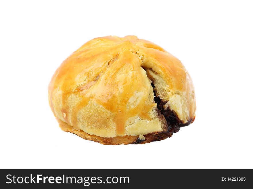 A barbecued chicken bun isolated on white background.