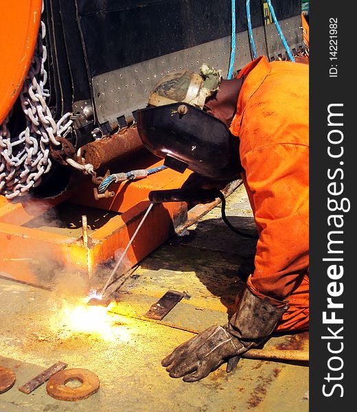 A welder working with a blowtorch
