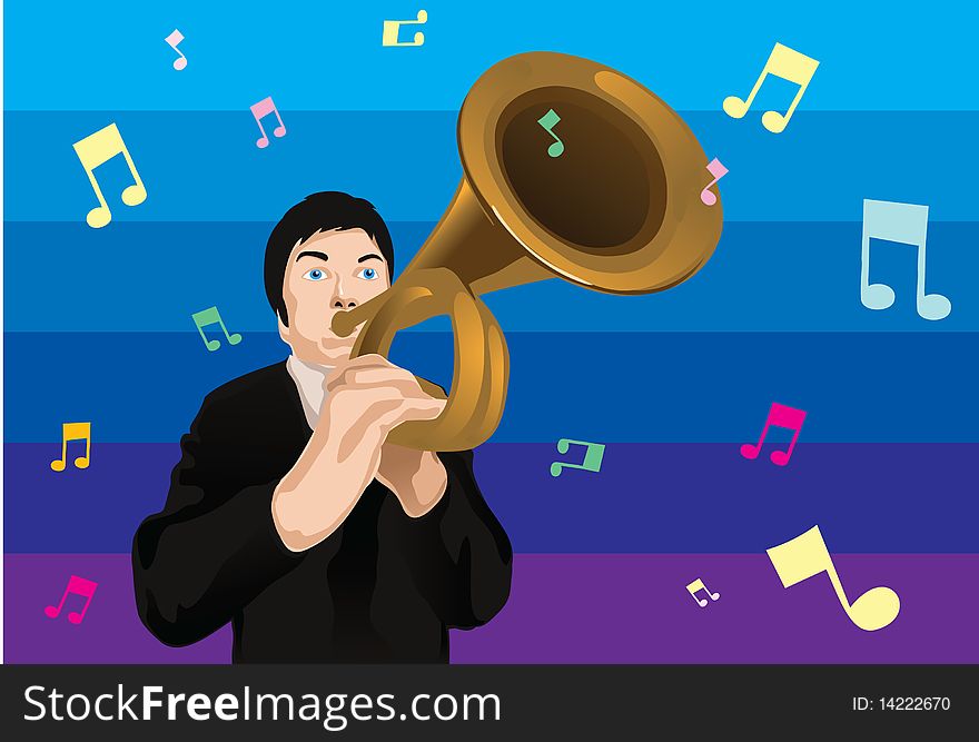 An image showing a man playing a French horn with musical notes floating around him. An image showing a man playing a French horn with musical notes floating around him