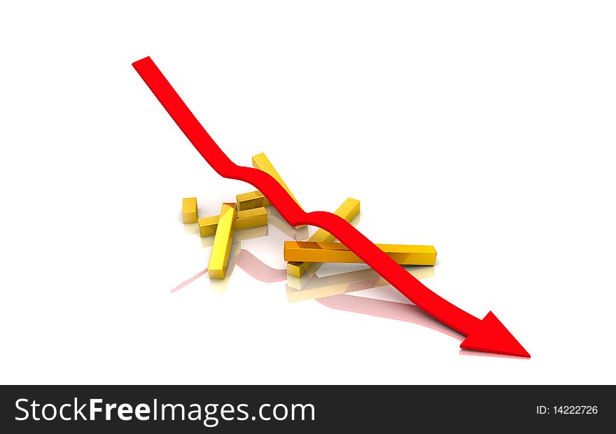 3d arrow showing decrease in benefits or earnings on white background