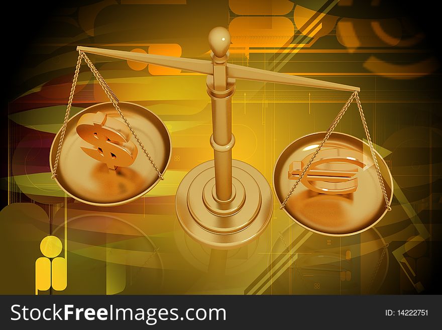 Digital illustration of balancing scale  euro and dollar in color background