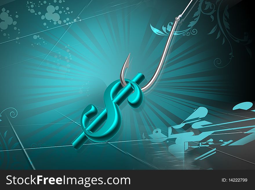 3d highly rendering fishing hook with dollar sign. 3d highly rendering fishing hook with dollar sign