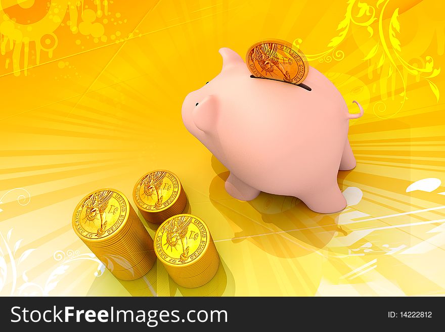 Piggy bank with gold coins on color background. Piggy bank with gold coins on color background