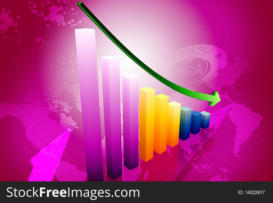 3d graph showing decrease in benefits or earnings on white background. 3d graph showing decrease in benefits or earnings on white background