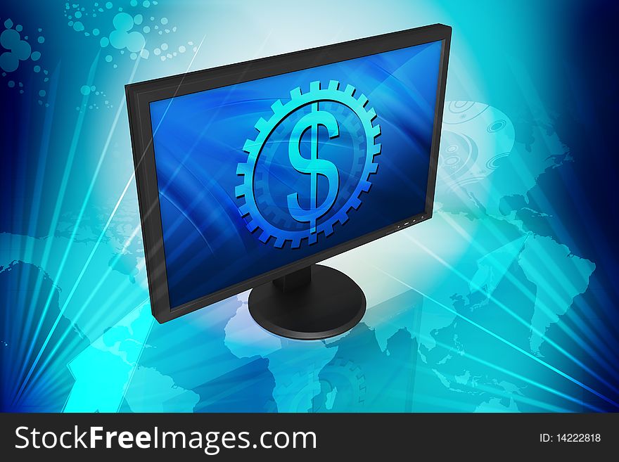 Digital illustration of  TFT monitor and dollar sign in color background
