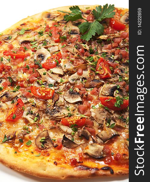 Mushrooms Pizza with Tomatoes and Greens
