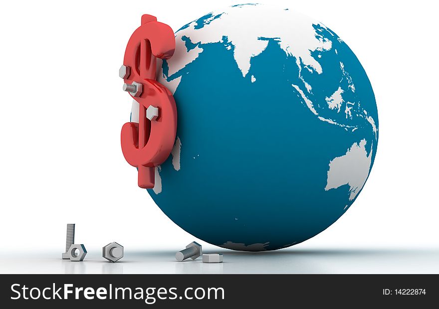 Highly rendering of 3d globe and dollar sign in white background. Highly rendering of 3d globe and dollar sign in white background