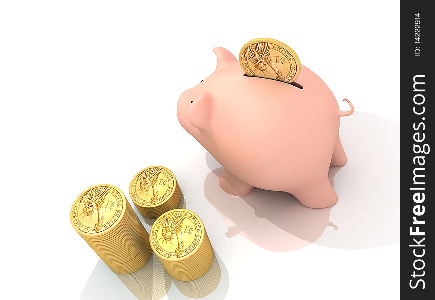 Piggy bank with gold coins on white background. Piggy bank with gold coins on white background