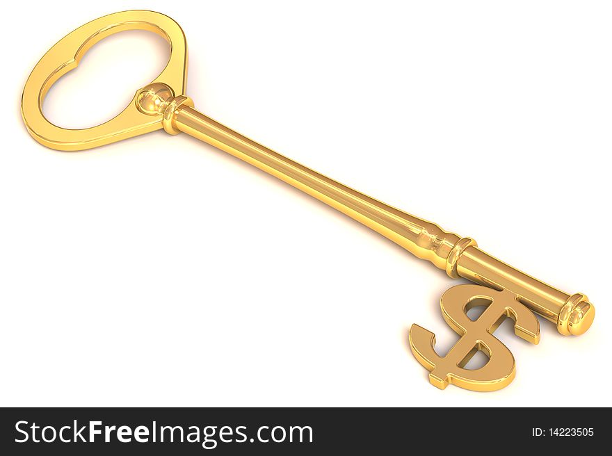 3D rendered illustration of golden key with a dollar symbol shaped tip. 3D rendered illustration of golden key with a dollar symbol shaped tip