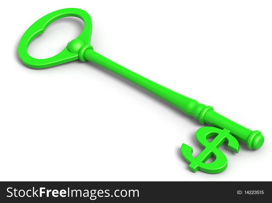 3D rendered illustration of dollar green key with a dollar symbol shaped tip. 3D rendered illustration of dollar green key with a dollar symbol shaped tip