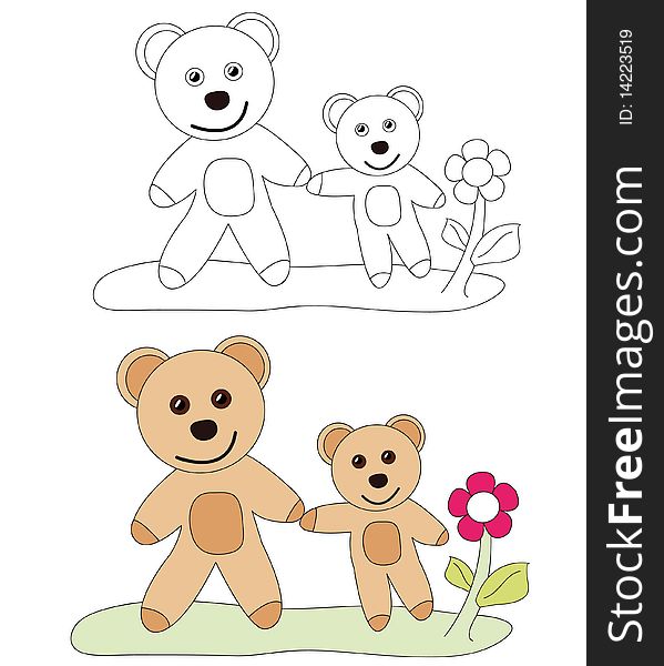 Cartoon sketch: Cute teddy bears taking a walk. The black & white version is useful for coloring book pages for children.