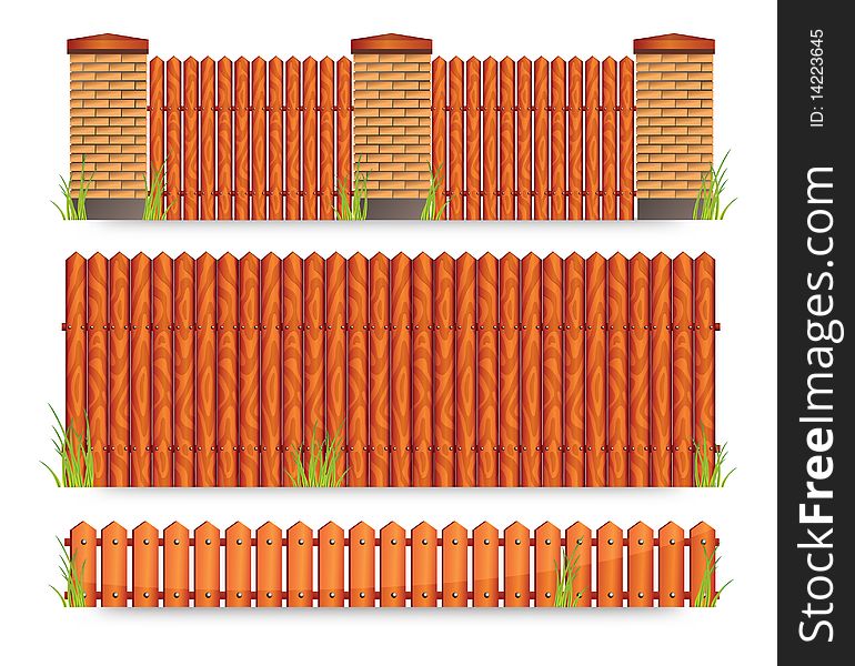 Set of brown wooden fences with grass, illustration