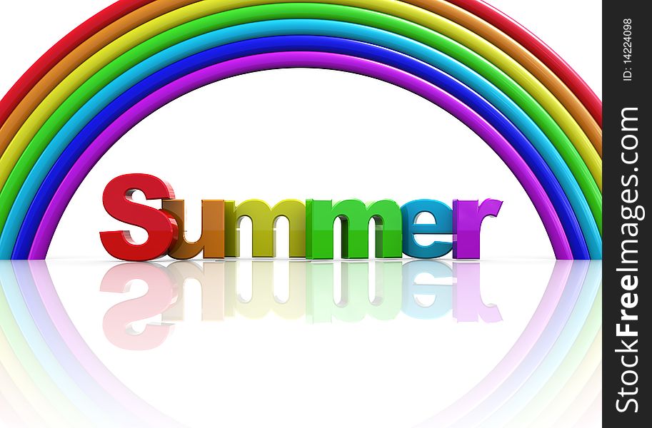 3d illustration of text'summer' and rainbow, over white background. 3d illustration of text'summer' and rainbow, over white background