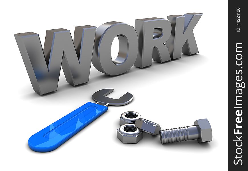 Abstract 3d illustration of text 'work' with wrench