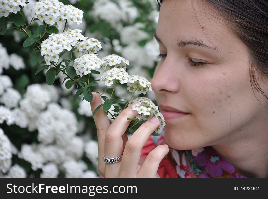 Young beautiful girl smells white flowers