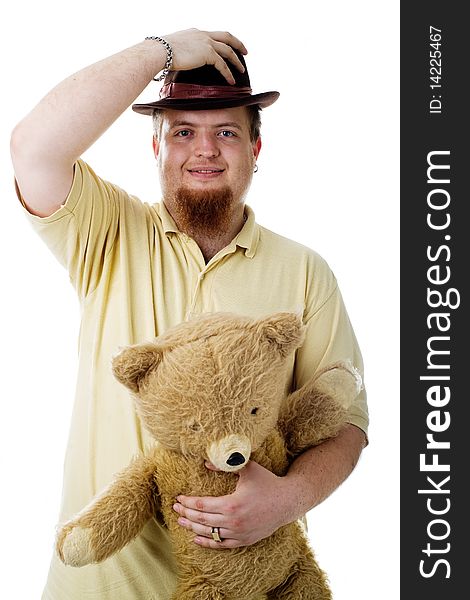 An image of a man with a hat and a toy. An image of a man with a hat and a toy