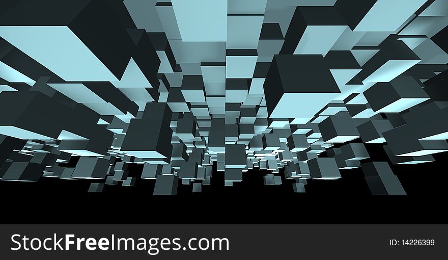 An abstract design of cubes detached from main shape, a 3d image. An abstract design of cubes detached from main shape, a 3d image
