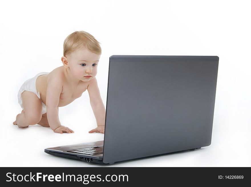 Infant with laptop,on white background. Infant with laptop,on white background.