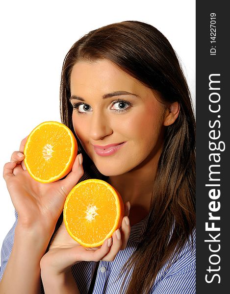 Young beautiful woman with citrus orange fruit having fun. isolated on white background. copyspace