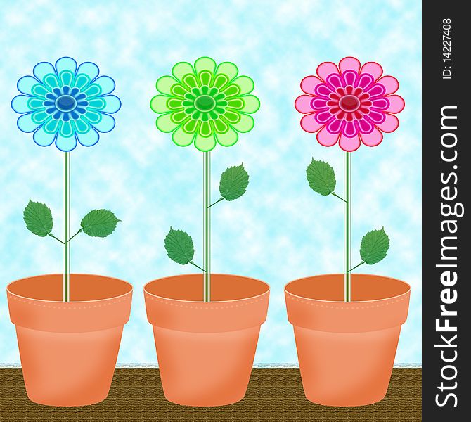 Beautiful,colorful,vibrant flowers in pots on sky background. Beautiful,colorful,vibrant flowers in pots on sky background