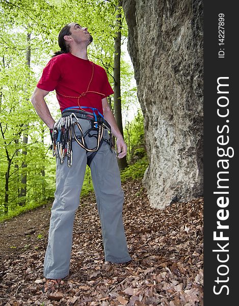 Rock climber previewing a route