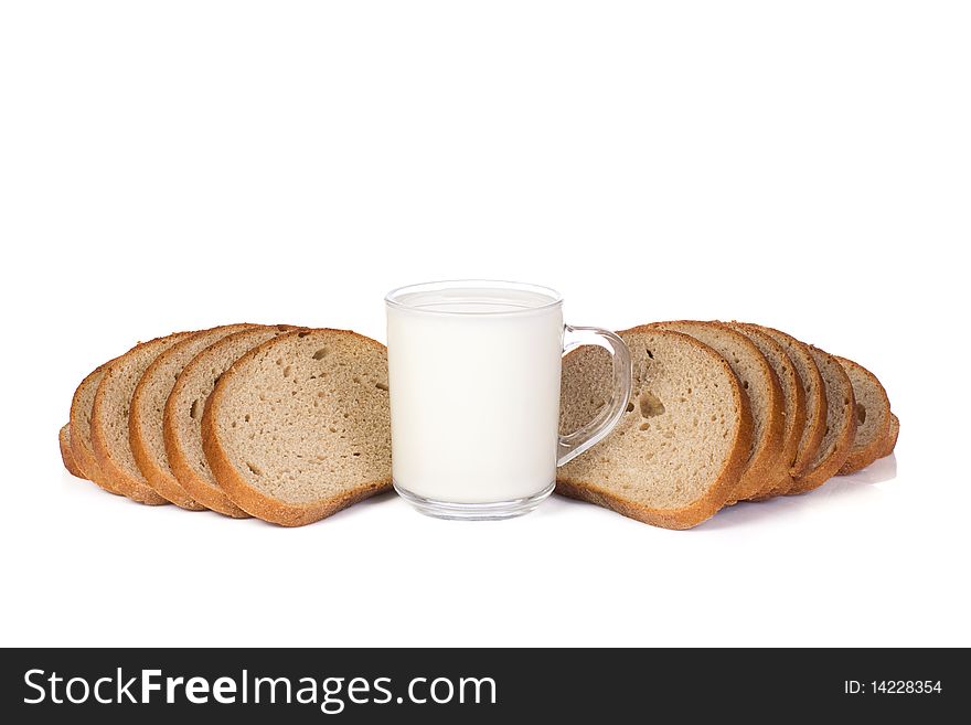 Isolated milk and bread on white