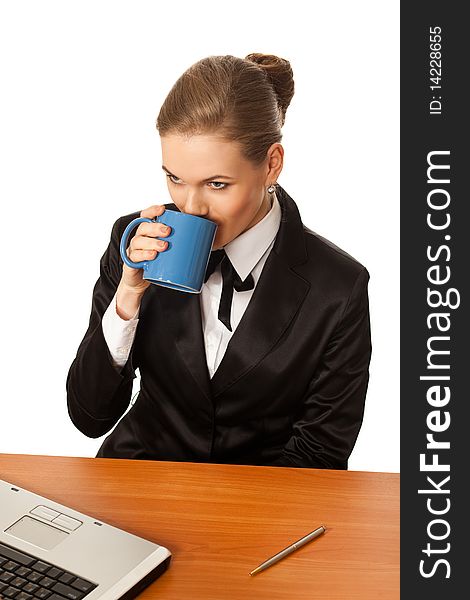 Female office worker has coffee break isolated on white background