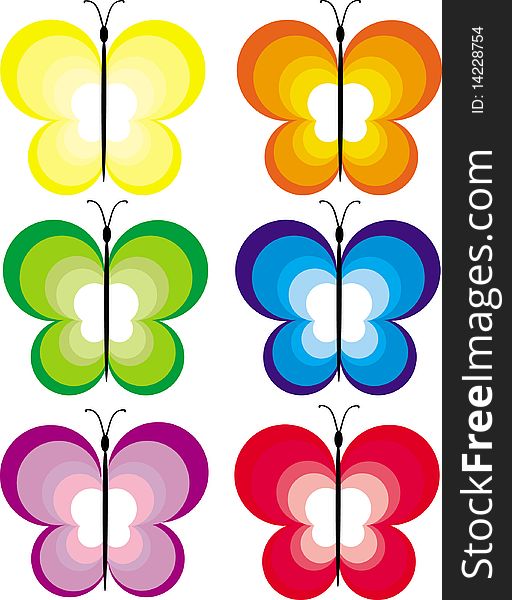 Six multi-coloured butterflies from circles