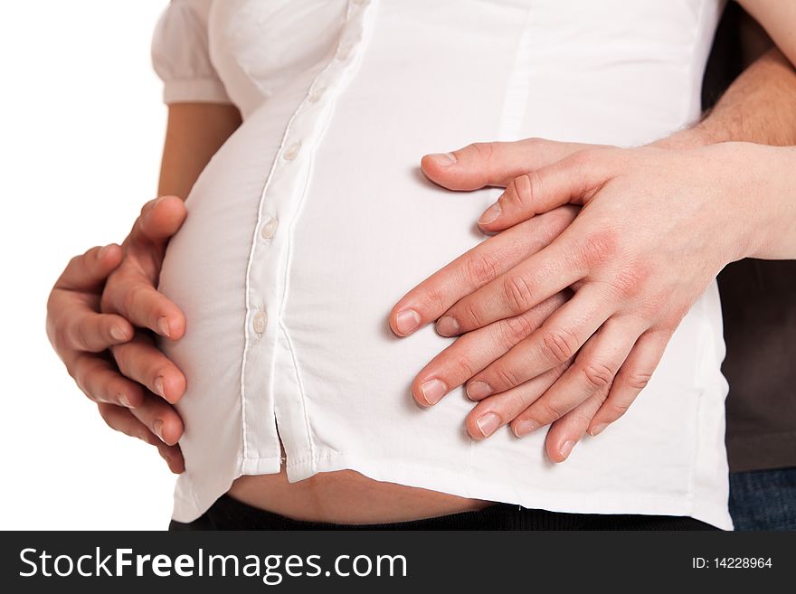 Advanced pregnant belly with hands. Advanced pregnant belly with hands