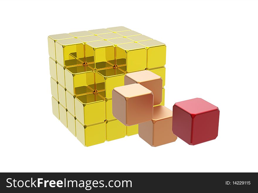 Almost solved puzzle cube isolated on white