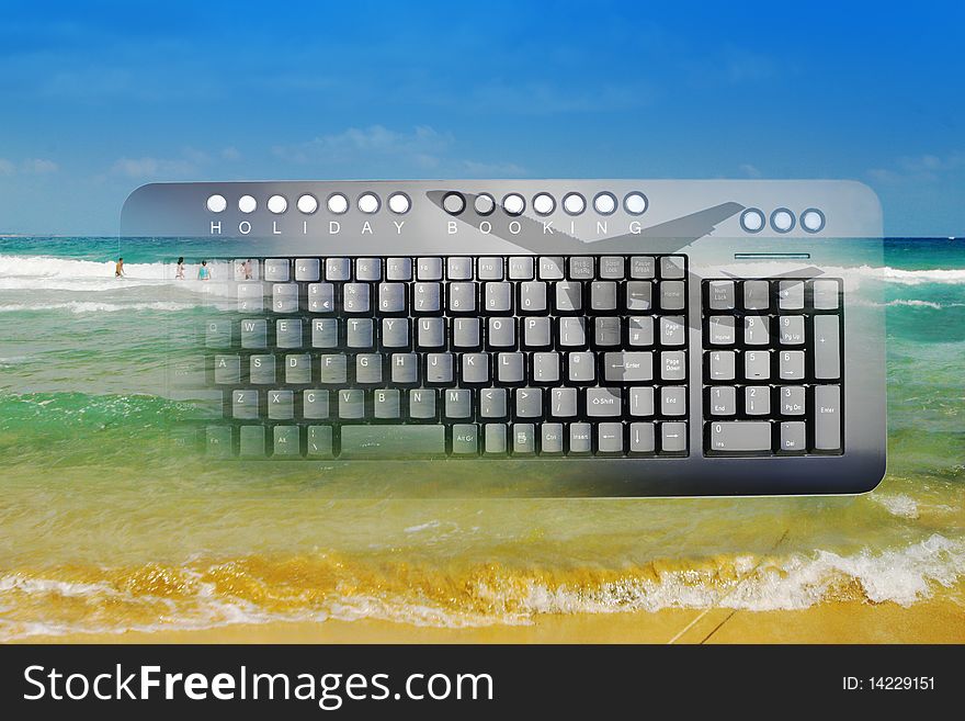Internet holiday booking with keyboard, beach scene and shadow of aeroplane. Internet holiday booking with keyboard, beach scene and shadow of aeroplane