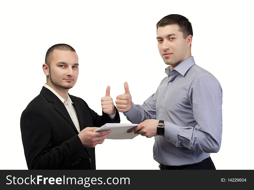 Two business people holding a contract with thumbs up. Two business people holding a contract with thumbs up