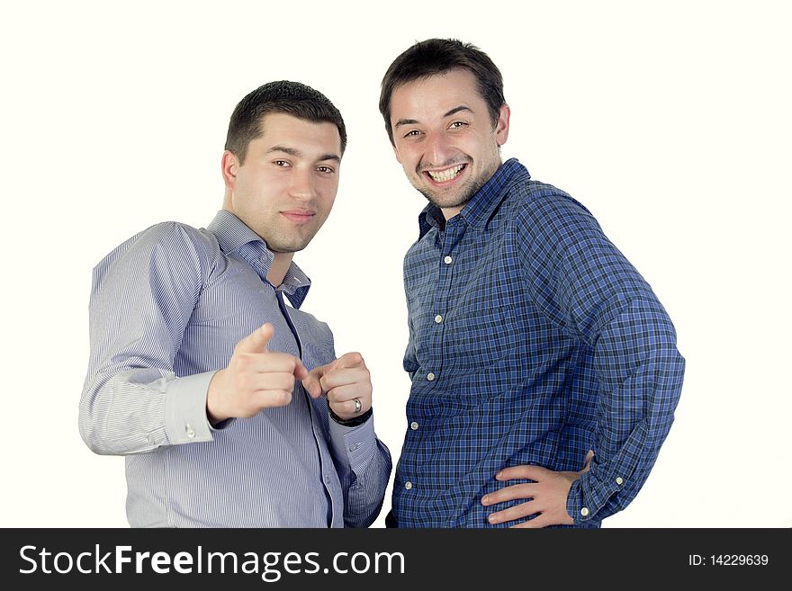 Two young man smiling on a white background. Two young man smiling on a white background