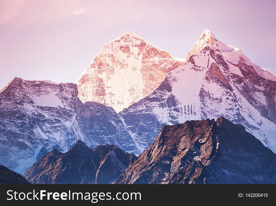 View of Mount Kangtega in Himalaya mountains at sunrise. Khumbu valley, Everest region, Nepal. View of Mount Kangtega in Himalaya mountains at sunrise. Khumbu valley, Everest region, Nepal