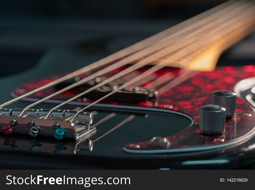 Close-up of a black electric bass