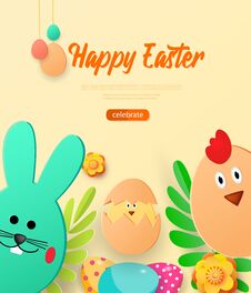 Bright Greeting Card With Happy Easter. Easter Bunny And Chicken Looking On A Light Background. Flowers, Eggs And Greens. Template Stock Photo