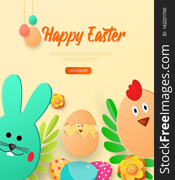 Bright greeting card with Happy Easter. Easter bunny and chicken looking on a light background. Flowers, eggs and greens. Template