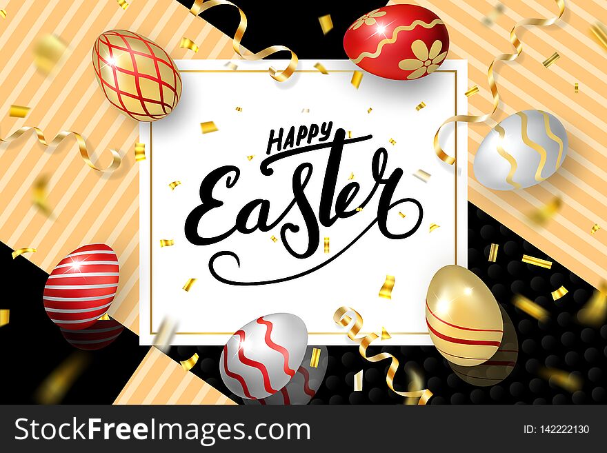 Happy Easter background, lettering, eggs. Greeting Easter 3D card. Gold decoration frame, handwritten inscription