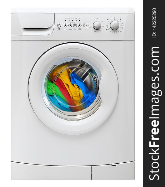 Washing machine with multicolored clothes rotating in washing tank isolated on white. Washing machine with multicolored clothes rotating in washing tank isolated on white