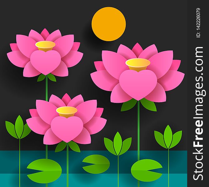 Paper Flower. Lotus. Black Background. Vector Illustration