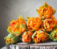 Beautiful Orange Tulips On Wooden Backdrop. Perfect For Background Greeting Card Stock Photo